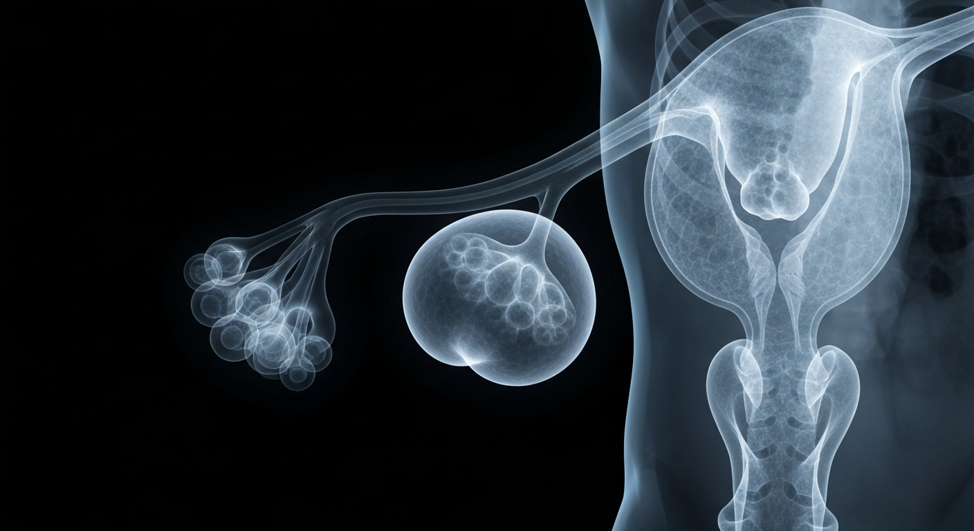 A translucent, ghostly X-ray photograph showing the internal structures of the female reproductive system, including the uterus and ovaries, rendered in delicate lines against a dark background, conceptually representing the complex biological mechanisms behind contraception.