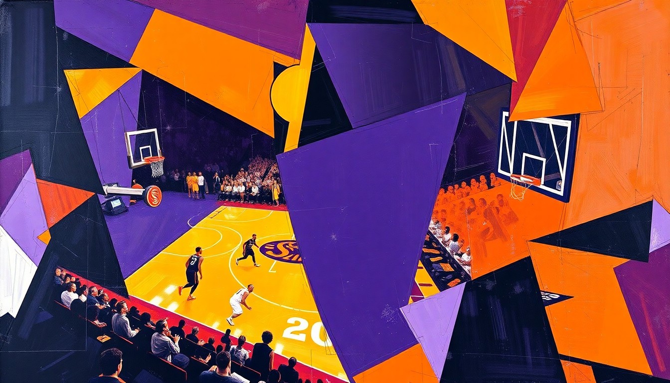 A cubist, geometric painting depicting a fragmented, multi-angled view of a basketball game, with the Suns' official colors of purple, orange, and black used to create a visually striking and conceptual illustration.