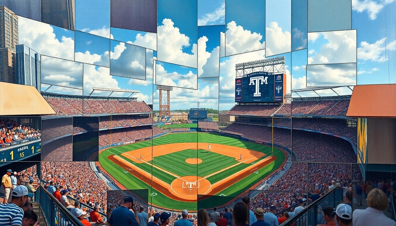 A cubist, geometric painting depicting a college baseball game, with players and the field broken down into overlapping, angular shapes and planes in a vibrant color palette.