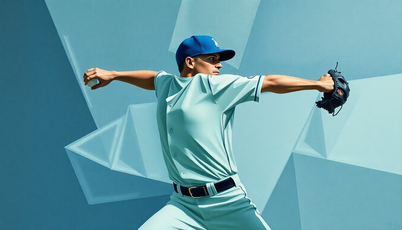 A cubist, geometric painting depicting the deconstructed motion of a baseball pitcher, with overlapping planes of muted colors representing the abstract movements of the athlete.