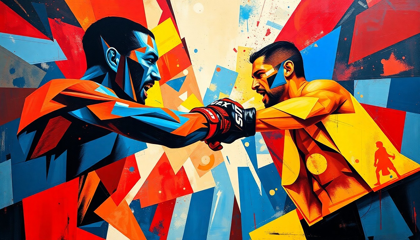 A cubist, geometric painting depicting the dynamic movements and striking exchanges of a UFC light heavyweight title fight, with sharp planes of color and overlapping forms representing the action in the octagon.