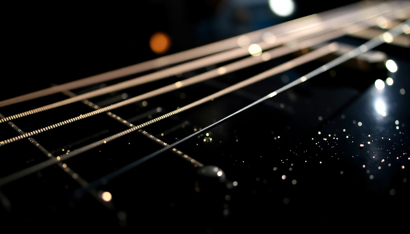 An abstract close-up photograph of electric guitar strings reflecting bright stage lights, creating a high-contrast, glamorous texture that captures the energy and excitement of Jack White's surprise Coachella performance.
