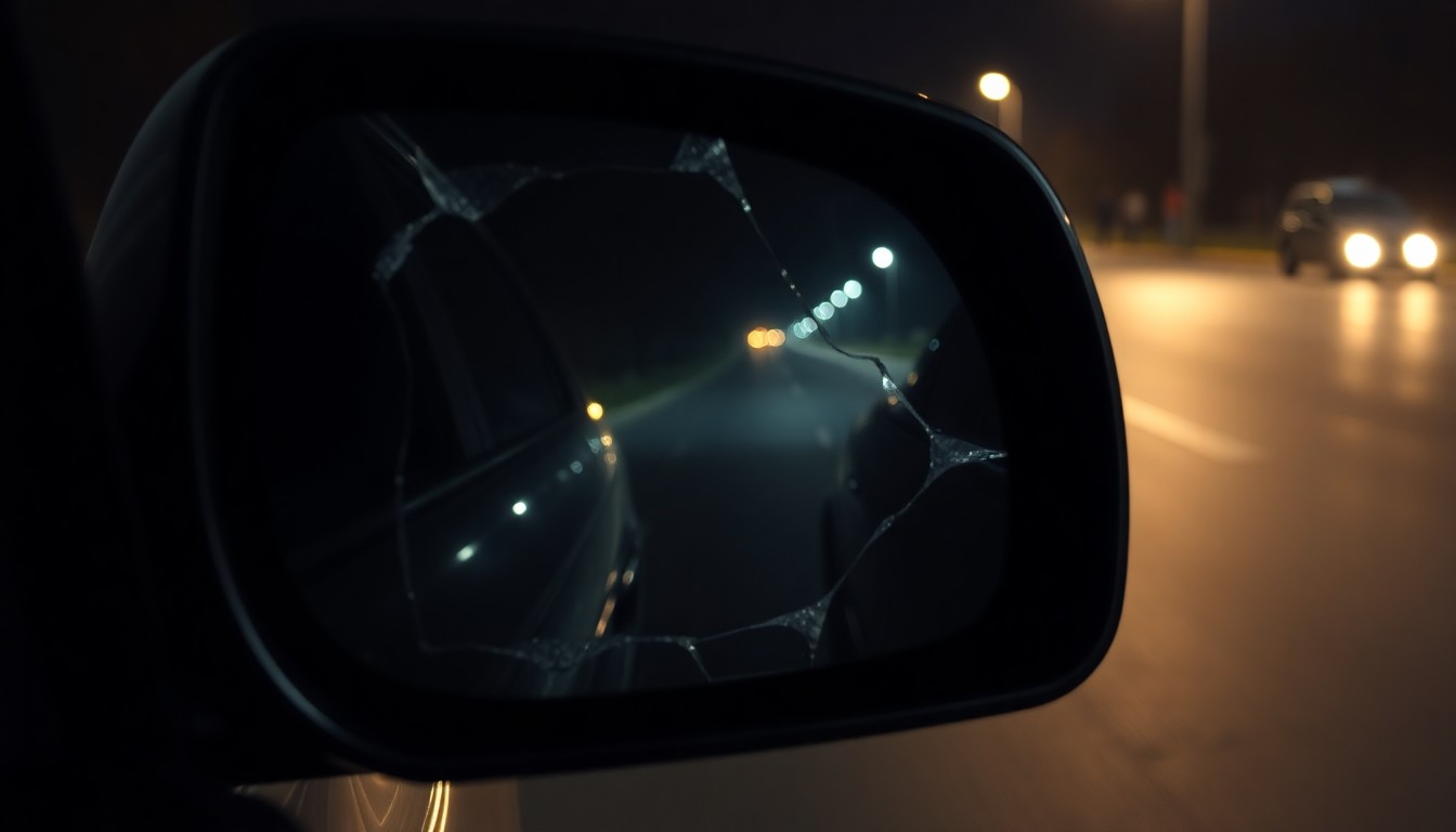 An extreme close-up photograph of a shattered car side mirror reflecting the faint outline of a dark street, conceptually representing the aftermath of a vehicle-pedestrian collision.
