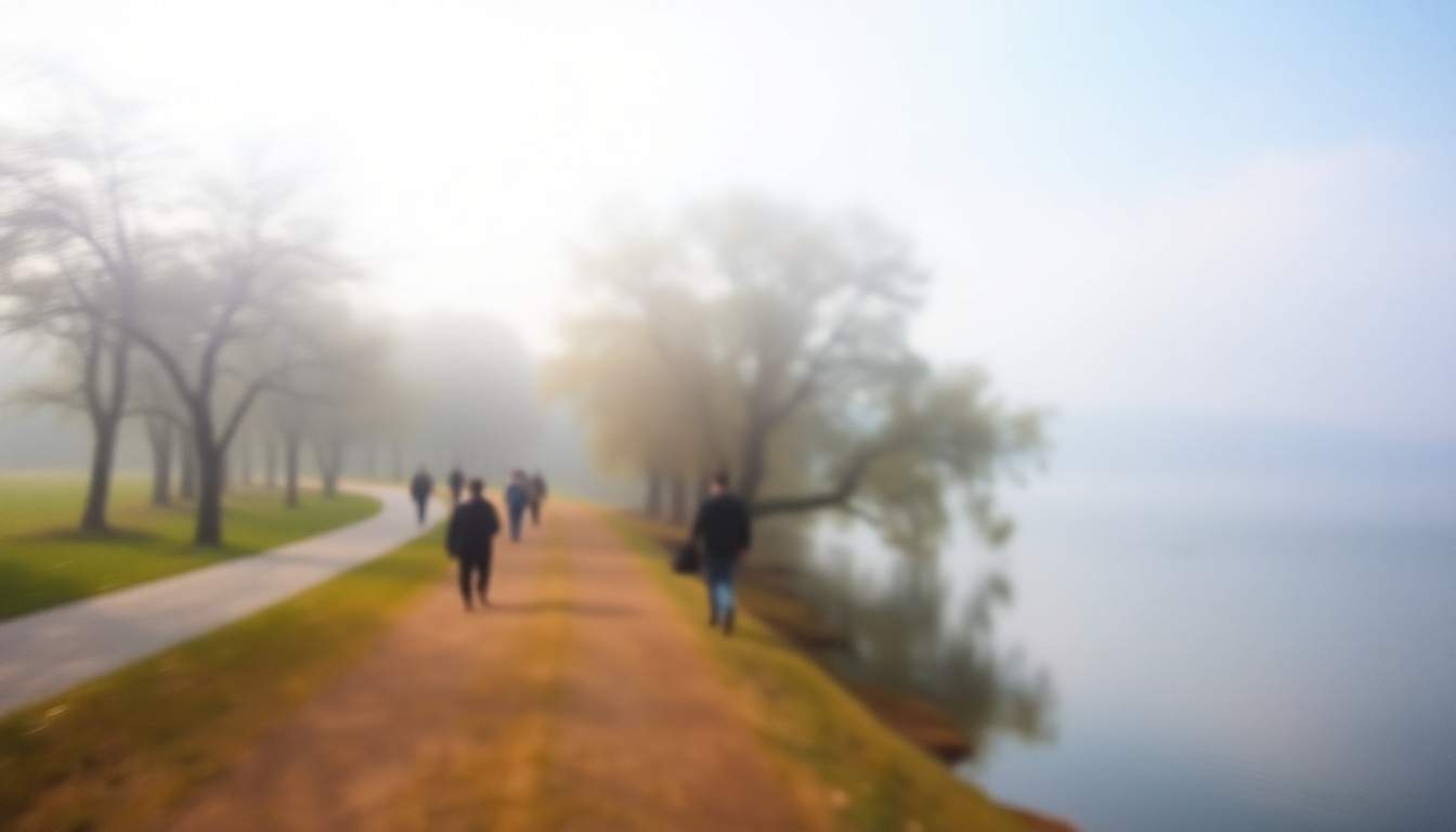 An impressionistic, out-of-focus photograph depicting people walking along a tree-lined path next to a tranquil body of water, conveying the serene natural setting that local advocates aim to protect.