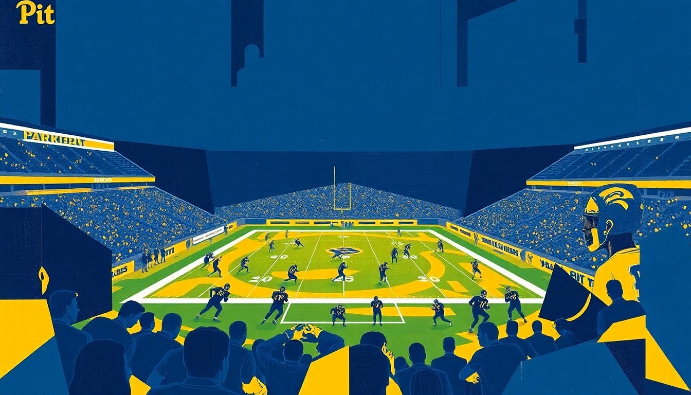 A cubist, geometric painting in navy blue and gold tones, depicting a Pitt football game broken down into sharp, overlapping shapes and planes, capturing the energy and action of the sport.