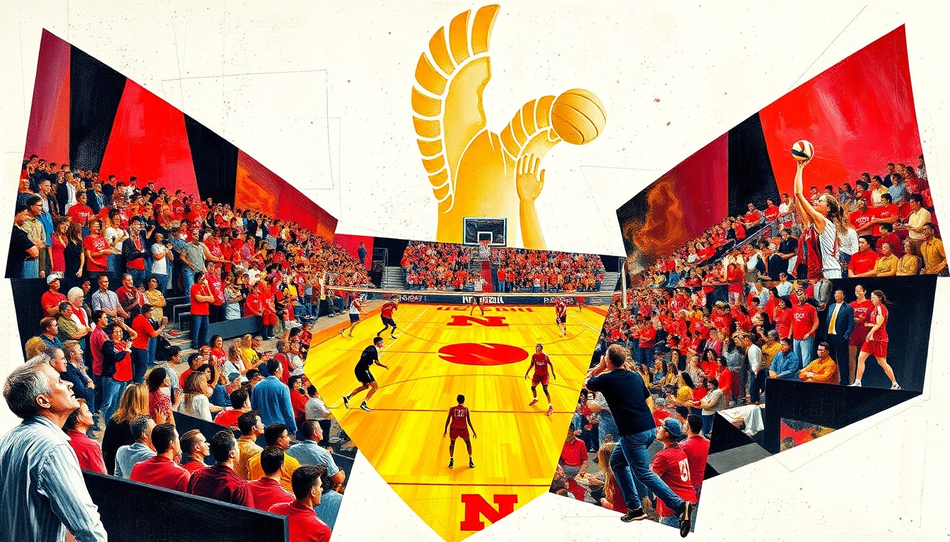 A fractured, geometric painting in vibrant colors depicting the dynamic movements and energy of a volleyball match, with the players and crowd deconstructed into sharp, overlapping shapes.