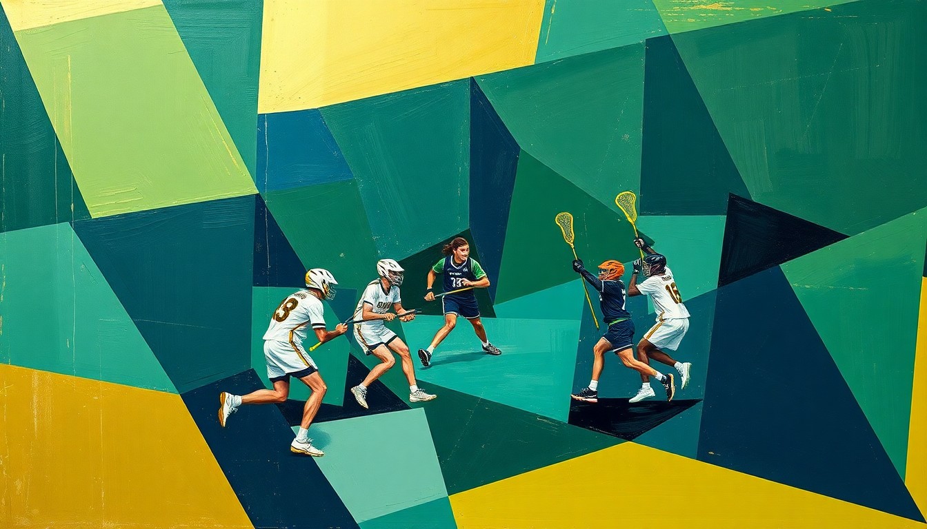 A fragmented, geometric painting depicting the dynamic movements and competing perspectives of a lacrosse match, rendered in shades of blue, green, and gold.