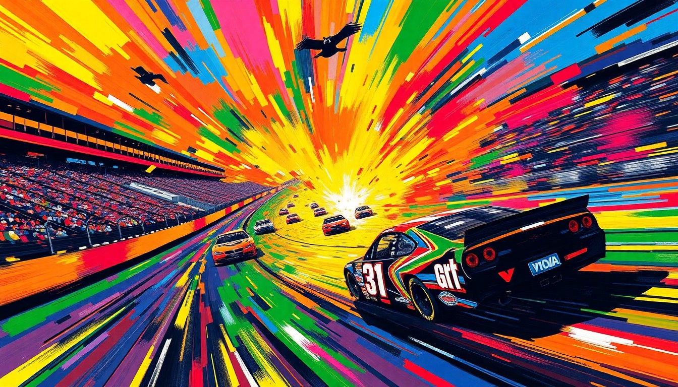 An abstract, expressionist painting featuring bold, neon-colored brushstrokes that capture the high-energy movement and intensity of a NASCAR race at Bristol Motor Speedway.