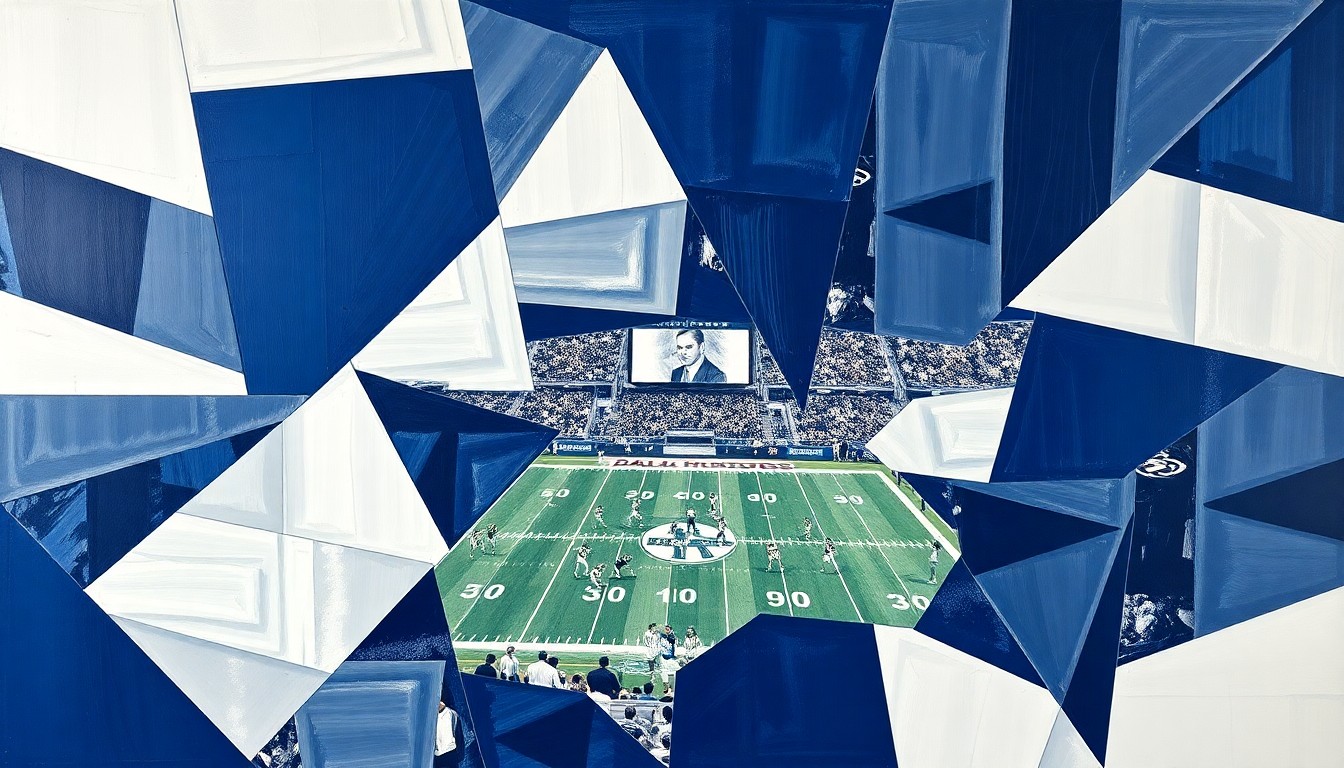 A cubist, deconstructed painting depicting a Dallas Cowboys football game, with the players and field broken down into sharp, overlapping geometric shapes in the team's navy blue, silver, and white colors.