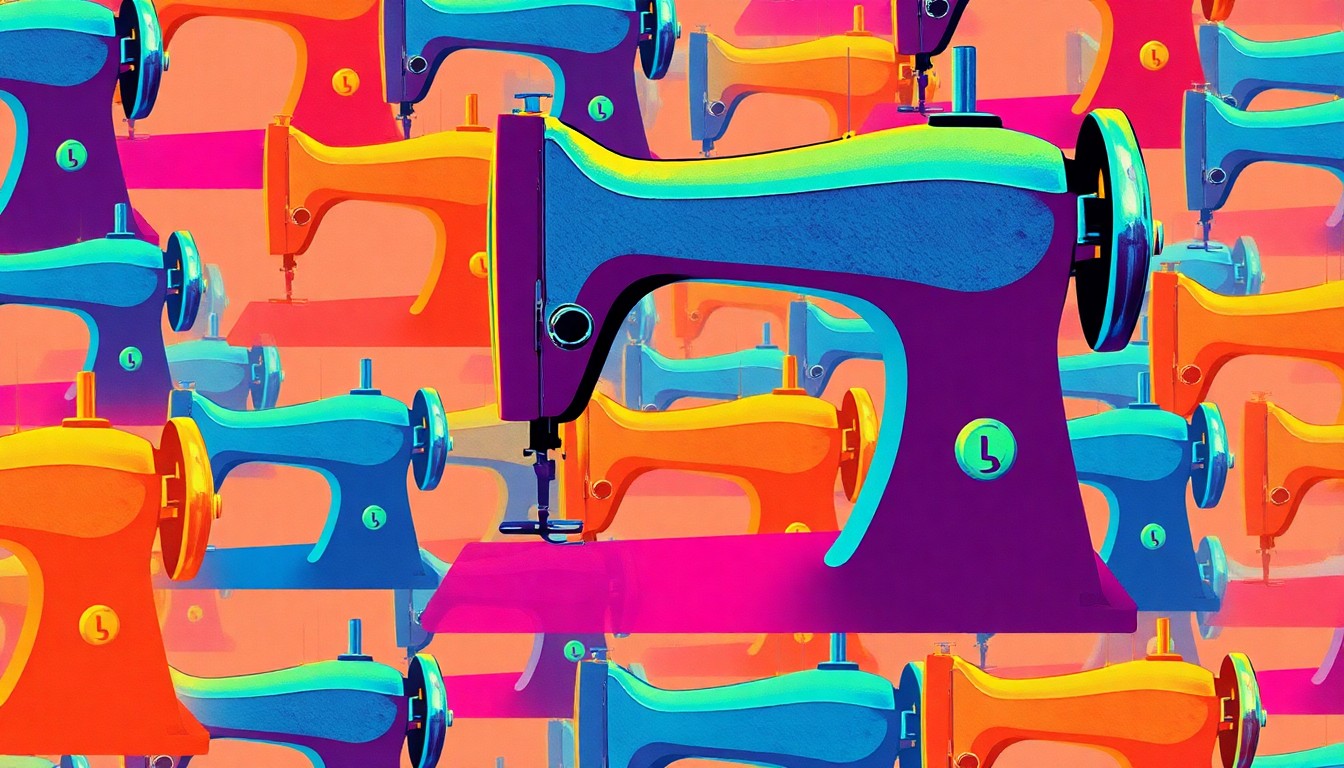 A bold, colorful silkscreen-style illustration featuring a vintage sewing machine repeated in a grid pattern, capturing the enduring importance of skilled tailoring in the modern fashion landscape.