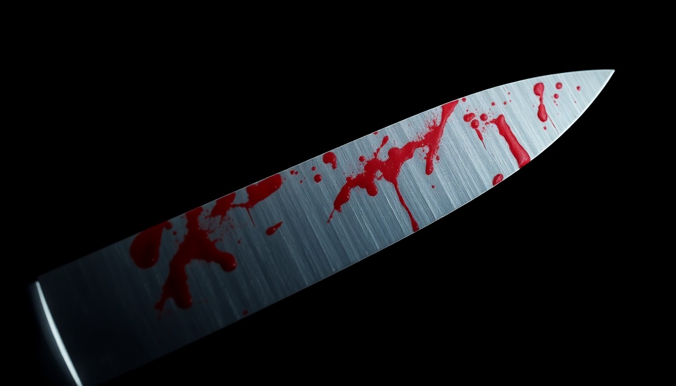 An extreme close-up of a blood-stained knife blade, conceptually representing the deadly stabbing that took place during a chaotic street fight in Wilmington.