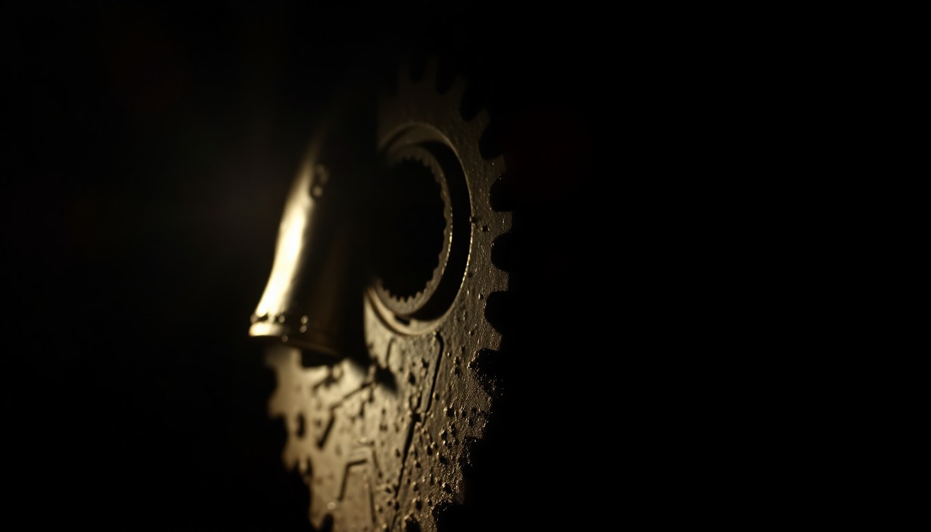An extreme close-up photograph of a damaged industrial machine part, such as a gear or blade, lit by a harsh, direct camera flash against a pitch-black background, creating a stark, gritty, investigative aesthetic.