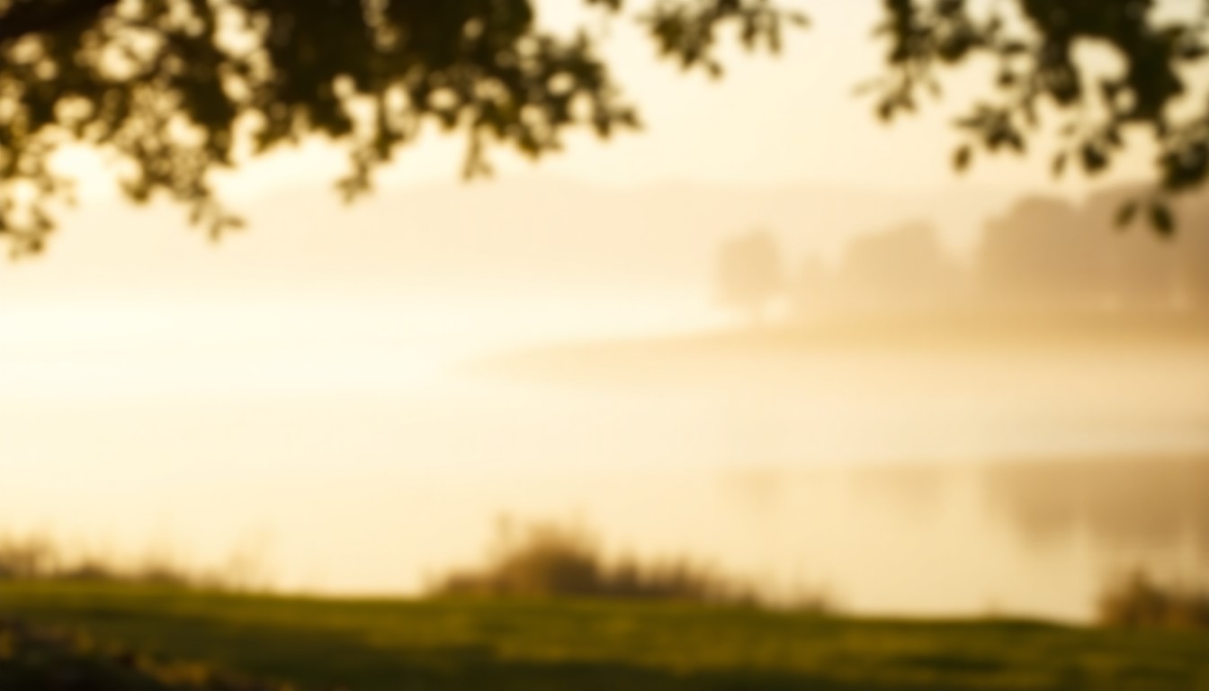 An abstract, impressionistic photograph of a lakeside scene with a golf course in the background, captured in soft, warm light and hazy focus, conveying a sense of tranquility and luxury.