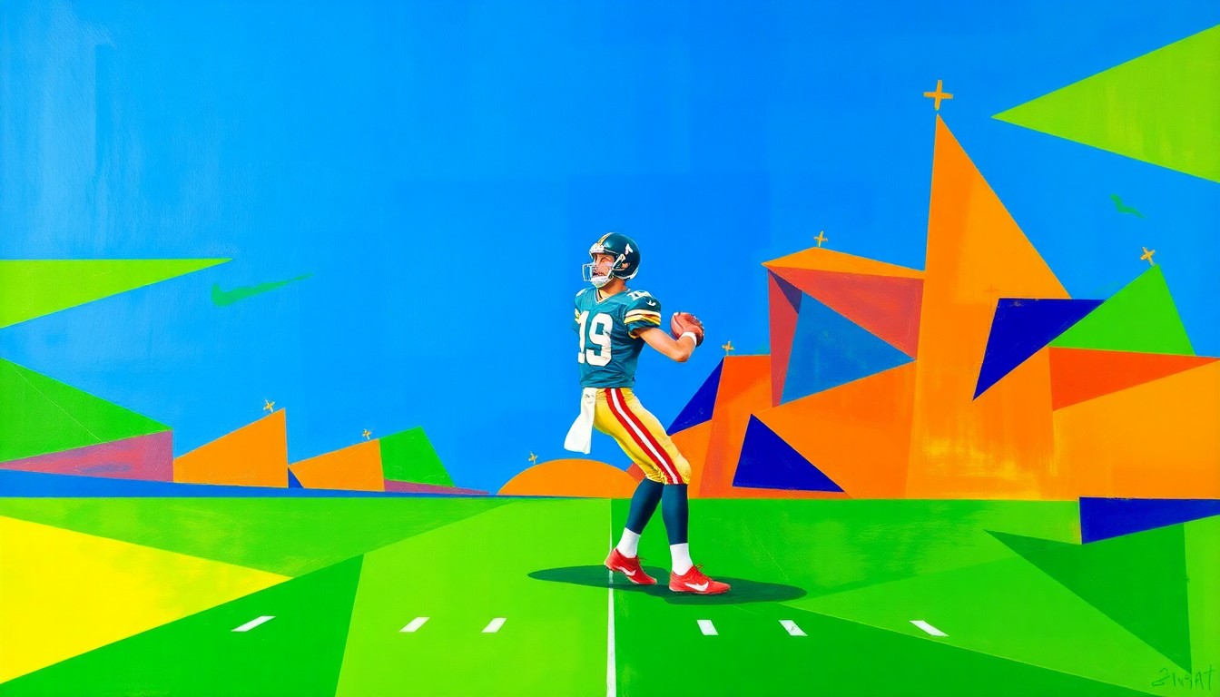 A fragmented, geometric painting depicting a football quarterback in motion, with sharp planes of color and overlapping perspectives, representing the complex quarterback situation facing the New York Jets.
