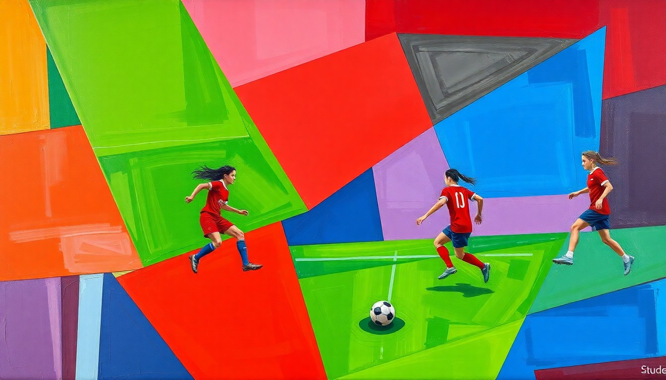 A vibrant, fragmented painting depicting a girls soccer match, with players and the field broken down into sharp, overlapping geometric shapes in shades of green, blue, and red, conveying the energy and movement of the game.