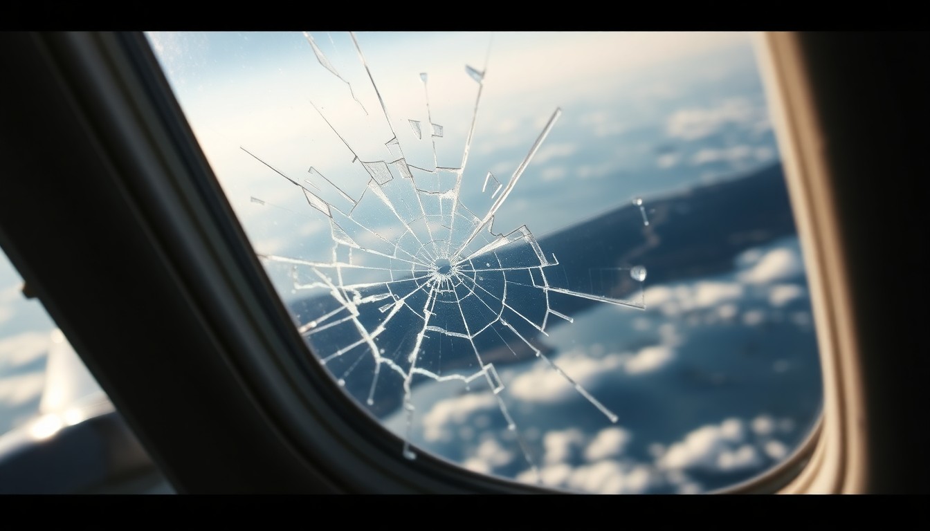 An extreme close-up photograph of a cracked and shattered airplane window, capturing the tension and disruption of an in-flight incident through dramatic, high-contrast lighting and abstract textures.