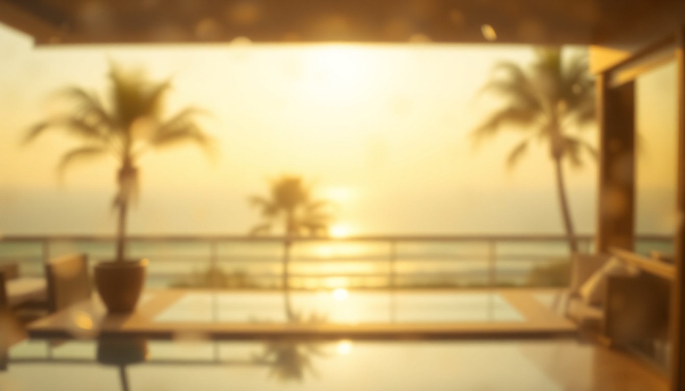 An extremely abstracted, out-of-focus photograph in warm, golden tones, capturing the hazy, dreamlike atmosphere of a luxury oceanfront residence with blurred silhouettes of palm trees and ocean waves.