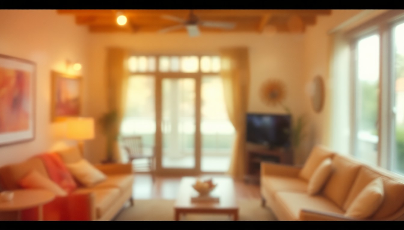 An extremely abstracted, out-of-focus photograph in warm, soft tones, depicting blurred silhouettes of furniture, architectural details, and nature elements, conceptually representing the serene and inviting atmosphere of a modern, flexible home.