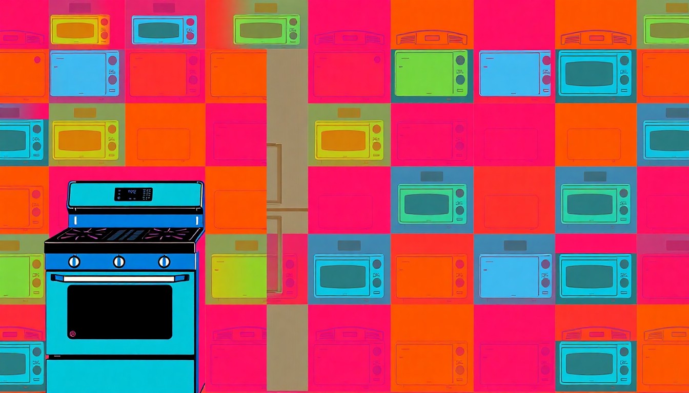 A brightly colored, high-contrast silkscreen print of a modern kitchen appliance such as a gas range or refrigerator, repeated in a tight grid pattern, capturing the home's premium kitchen features in a vibrant, abstract pop art style.