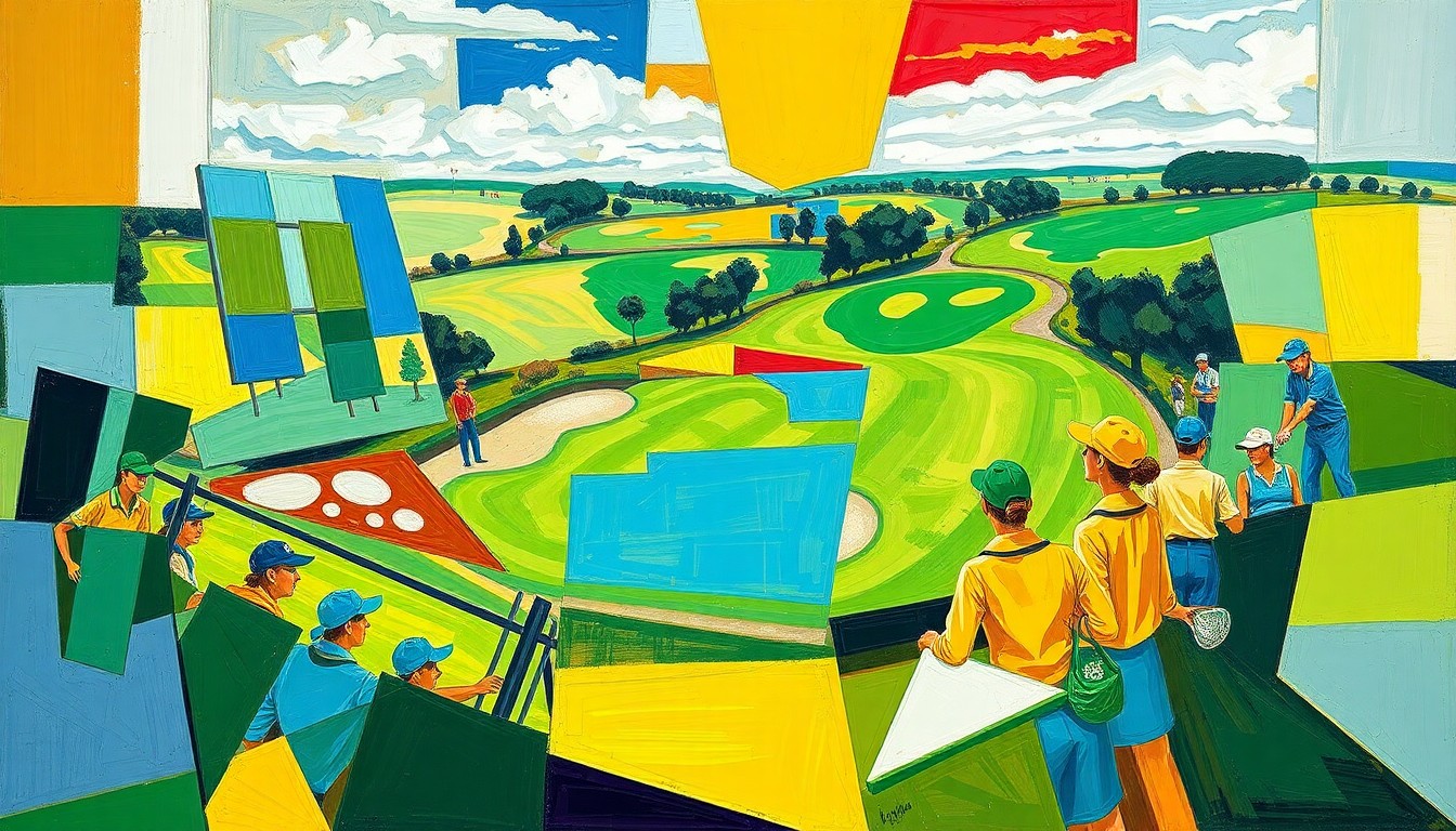 A fragmented, geometric painting in bold colors depicting the dynamic action and multiple perspectives of a women's golf tournament.