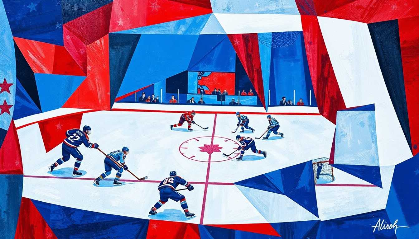 A cubist, geometric painting depicting a hockey game, with the players and ice reduced to angular, intersecting shapes in vibrant colors, capturing the intensity and energy of the match.
