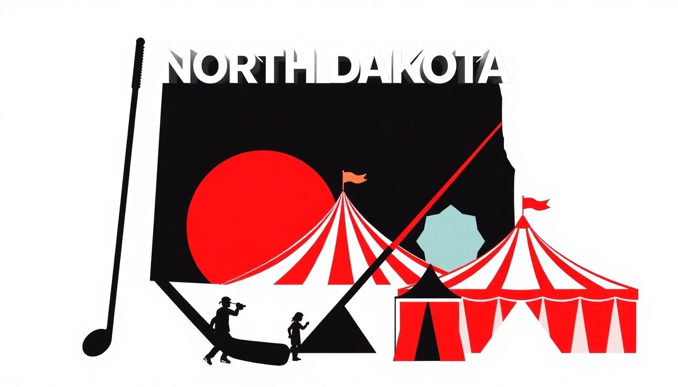 A minimalist, abstract illustration featuring bold geometric shapes and silhouettes in high-contrast colors, representing the diverse range of entertainment events taking place in North Dakota.