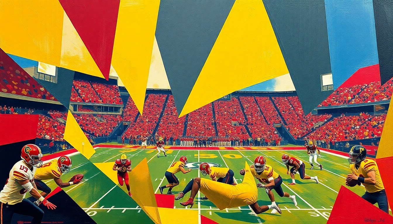 A fragmented, geometric painting depicting the abstract forms of football players and a field, rendered in a vibrant color palette of red, gold, and blue, capturing the dynamic energy of a college football game.