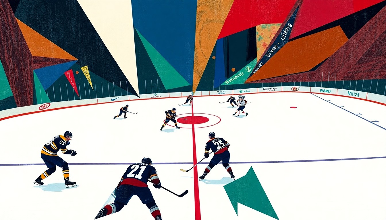 A cubist, geometric painting depicting a hockey game between the Boston Bruins and Tampa Bay Lightning, with the players and ice represented as abstract, angular shapes in a palette of navy blue, forest green, and crimson red.