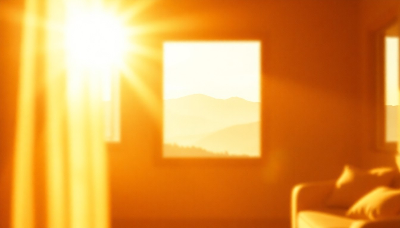 An abstract, impressionistic photograph in soft, warm tones depicting the interior of a cozy home with a view of distant mountains through a window, conveying a sense of peaceful living.