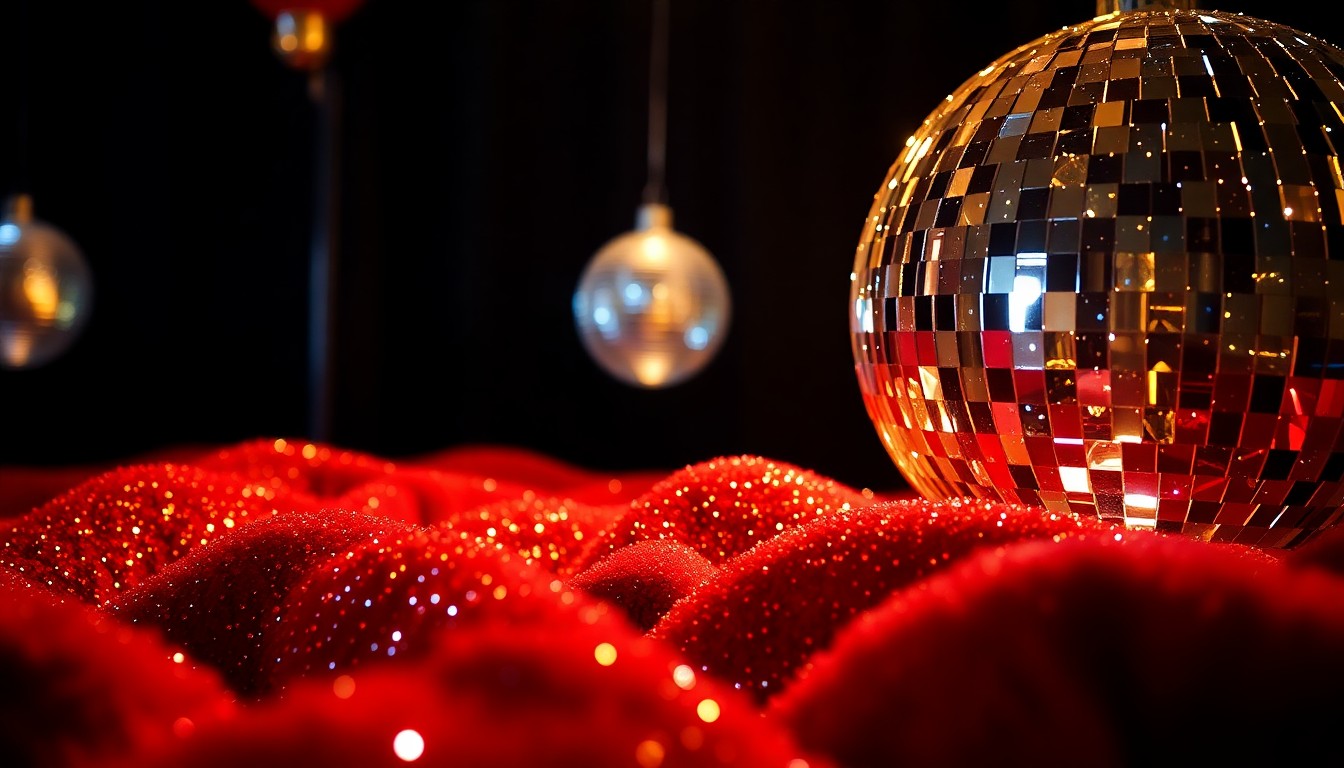 An extreme close-up photograph featuring a dramatic, high-contrast composition of shimmering sequins, glittering disco balls, and plush velvet textures, capturing the glamour and energy of live entertainment events.