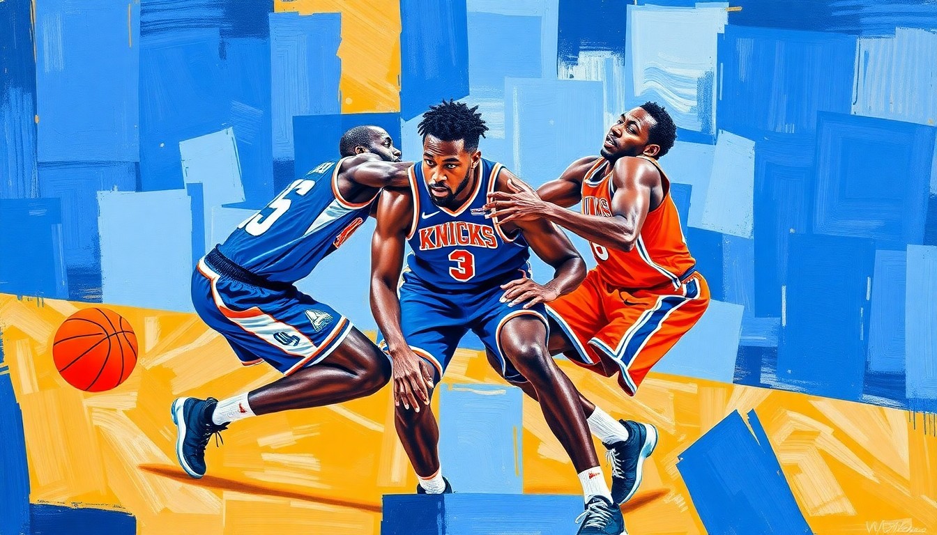 A fragmented, cubist-style painting depicting a Knicks pick-and-roll play, with sharp geometric shapes in the team's colors representing the dynamic movement and passing between the two players.