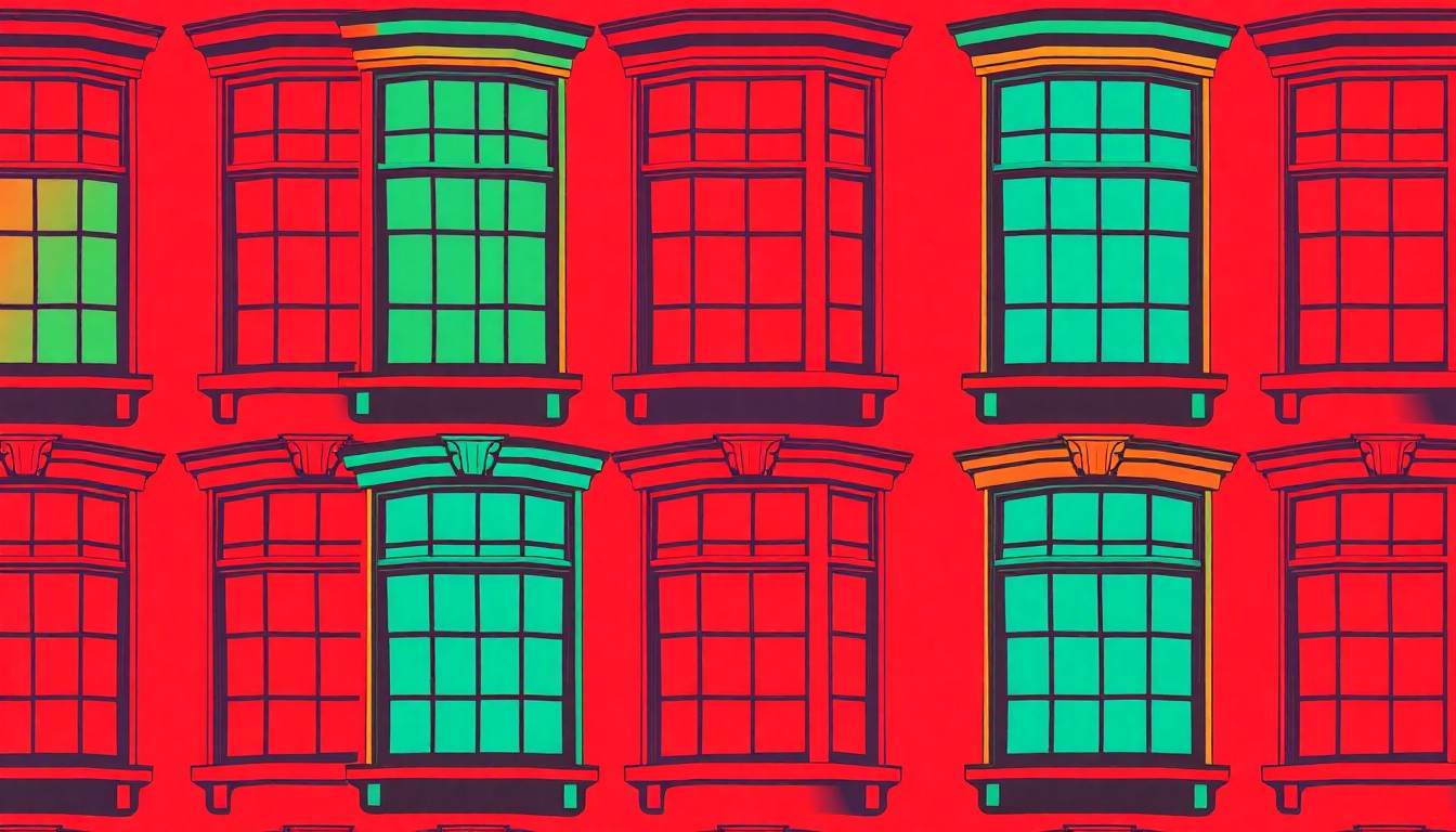 A high-contrast, silkscreen-style illustration featuring a repeating grid of a single, iconic Victorian-style window frame in vibrant neon colors, conceptually representing the historic architecture and natural beauty of the Bonners Ferry property.