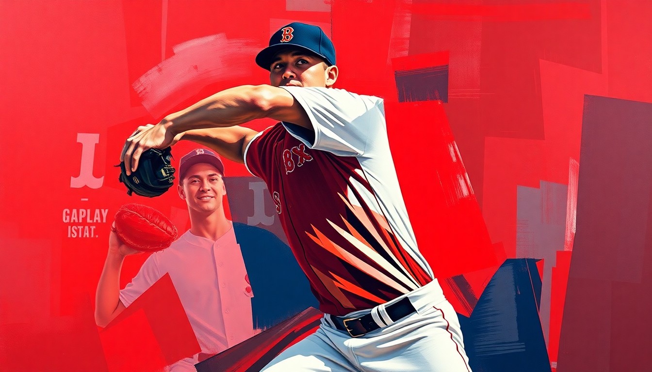 A cubist, geometric painting depicting the fractured, multi-angled motion of a baseball pitcher, using the Red Sox team colors to conceptually represent the energy and talent of a young prospect.