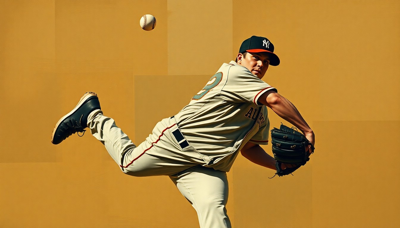 A fractured, cubist-style painting depicting the motion of a baseball pitcher, with sharp, overlapping geometric shapes in muted earth tones conveying the deliberate progress of Snell's recovery.