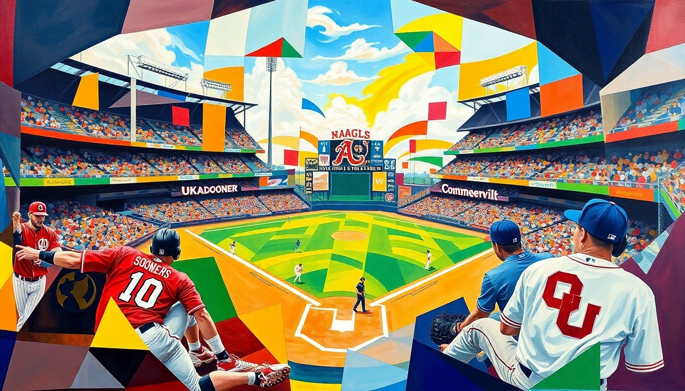 A cubist, geometric painting depicting a baseball game in motion, with the players and field fragmented into sharp, overlapping shapes and planes in the colors of the Oklahoma Sooners and Vanderbilt Commodores uniforms.