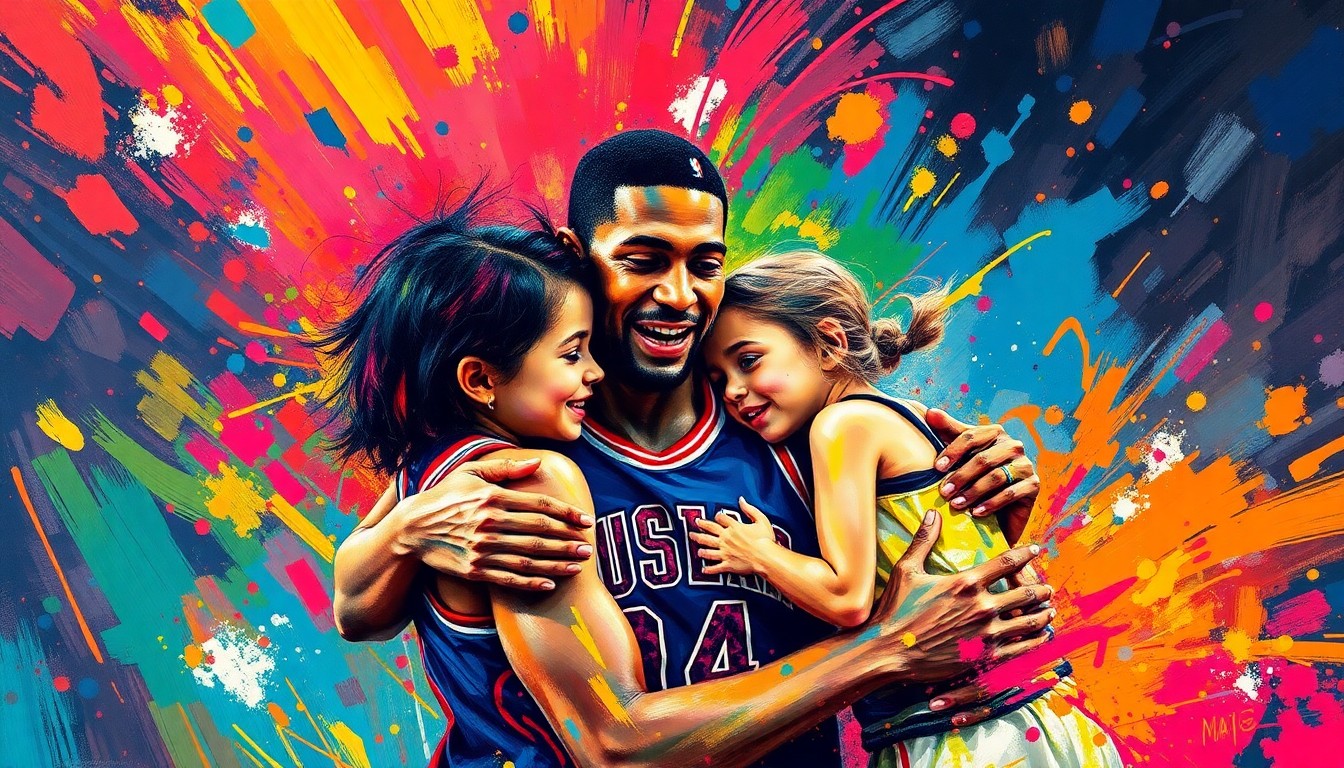 An abstract expressionist painting in vibrant neon colors, with rapid brushstrokes capturing the dynamic energy and emotion of an NBA player reuniting with his young children after a difficult personal separation.