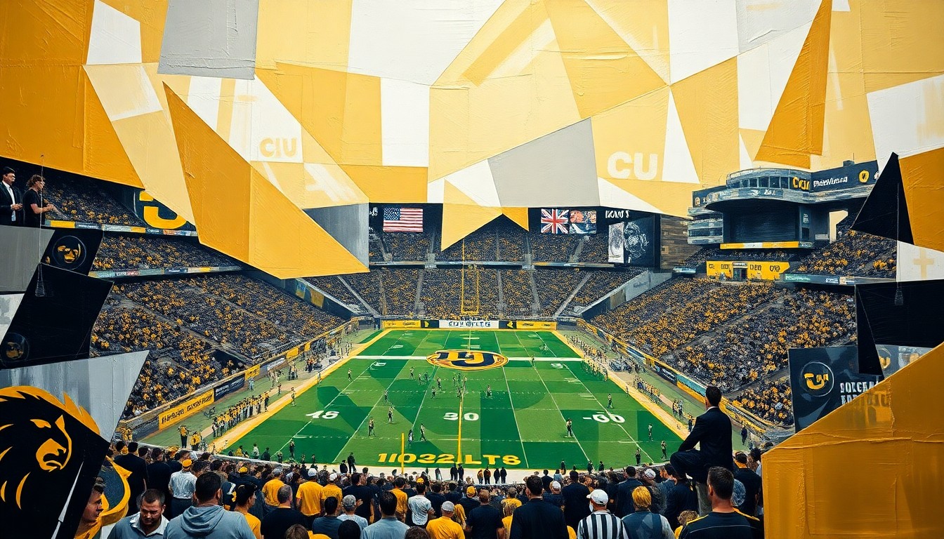 A cubist, geometric painting depicting a fragmented, multi-angled view of a college football game, with sharp planes of gold, black, and silver colors representing the CU Buffs' team colors and the fractured nature of the program's current state.