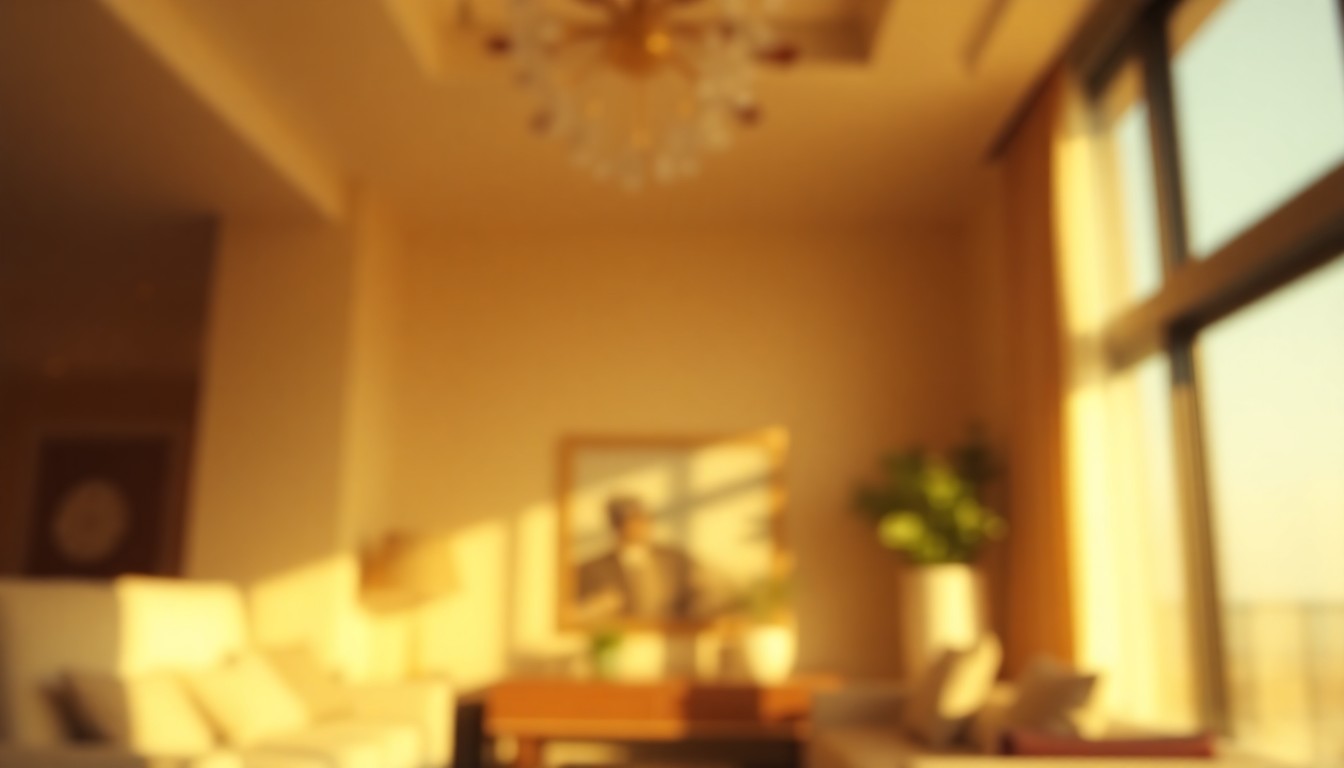 A softly blurred, abstract photograph in warm, golden tones capturing the essence of a luxurious, sun-drenched condominium interior with hints of plush furnishings and natural light.