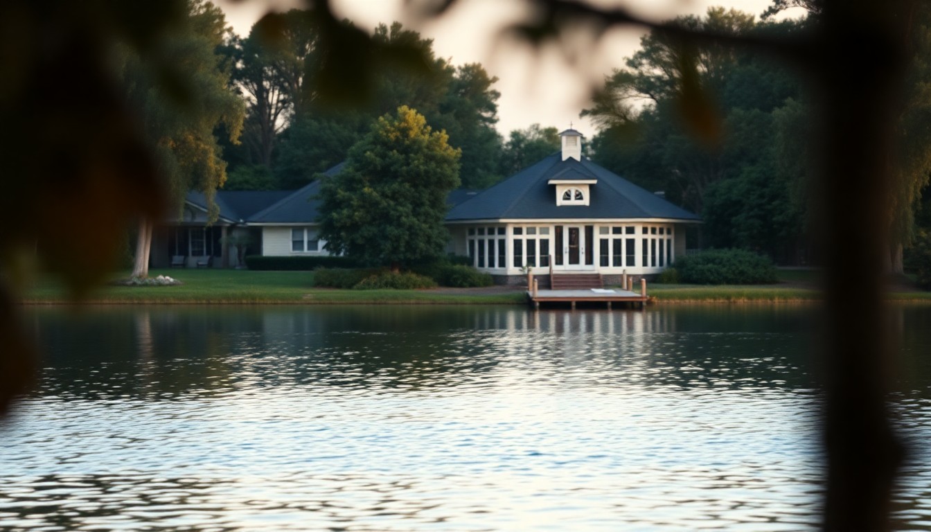 An abstract, out-of-focus photograph in warm, earthy tones depicting the exterior of a lakefront home with a private dock, surrounded by lush greenery and reflecting the calm waters of the lake.