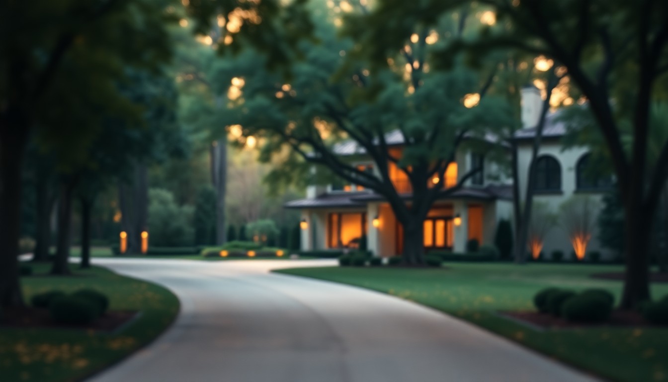 An extremely abstracted, out-of-focus photograph of a winding, tree-lined driveway leading up to a large, modern home, with soft pools of warm light and color creating a dreamlike, atmospheric quality that evokes the tranquility and privacy of the property.