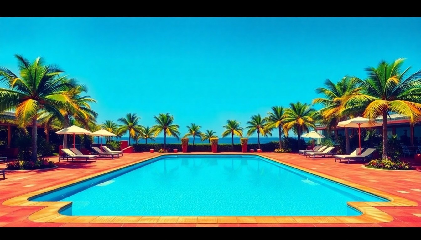 A vibrant, stylized silkscreen illustration of a swimming pool surrounded by repeating patterns of palm trees and tropical foliage, conveying the upscale lifestyle of a luxury Florida home.