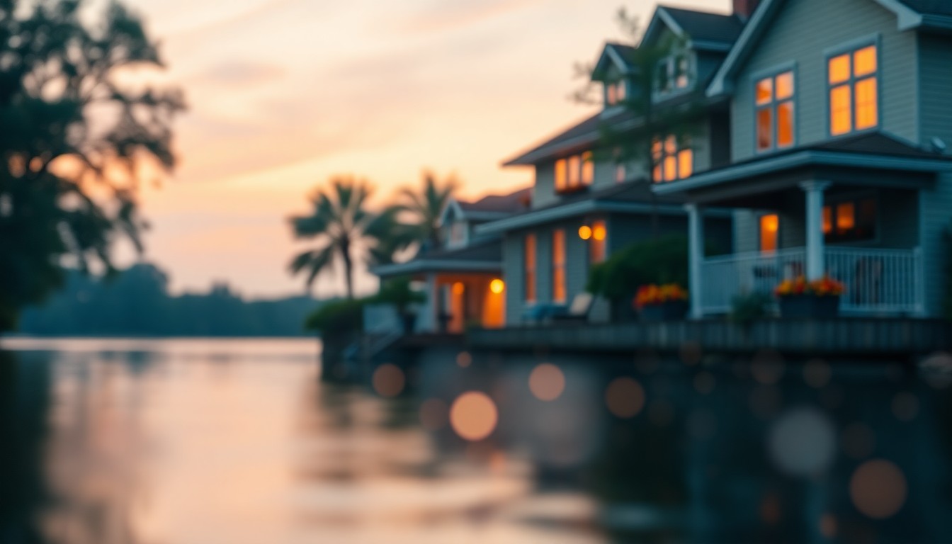 An extremely abstracted, out-of-focus photograph of a riverfront home, with soft, warm pools of light and color reflecting off the water's surface, conveying the tranquil, luxurious atmosphere of the property.