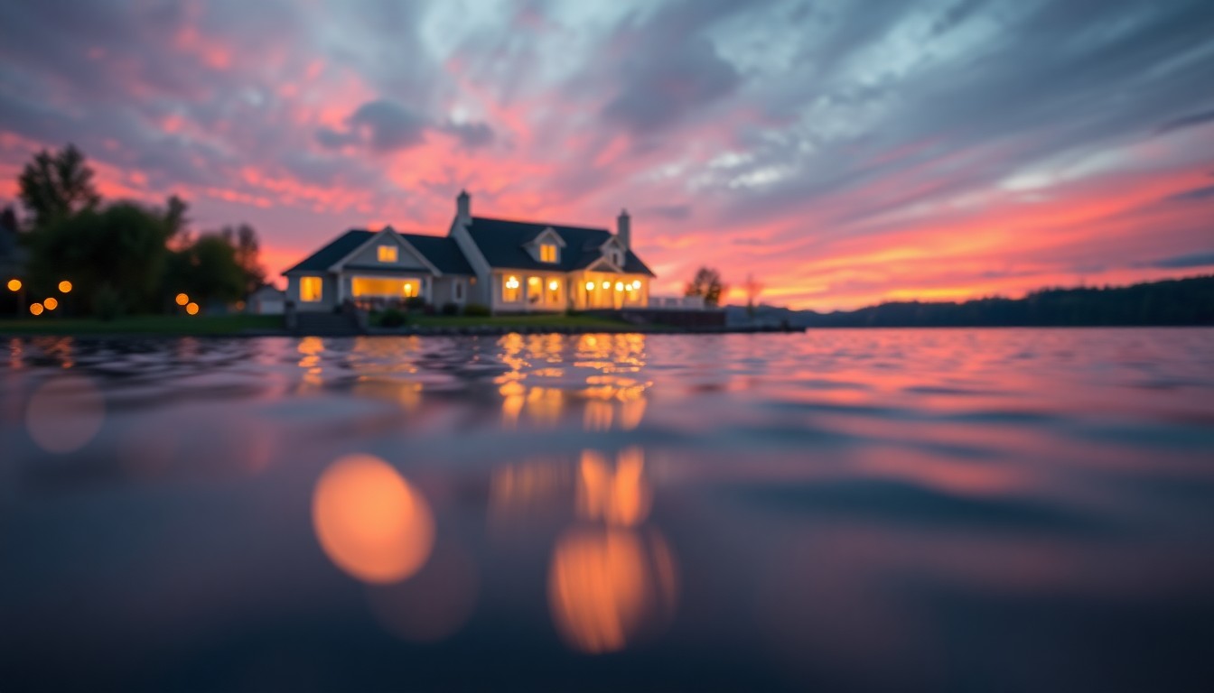 An abstract, impressionistic photograph of a lakefront home at sunset, with blurred reflections of the structure and surrounding landscape creating a dreamlike, atmospheric scene.