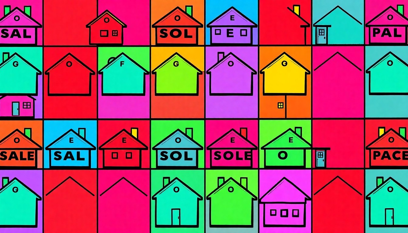 A brightly colored, high-contrast silkscreen print of a simple house icon repeated in a tight grid pattern, using vibrant neon colors and heavy black outlines to create a modern pop art interpretation of a real estate concept.