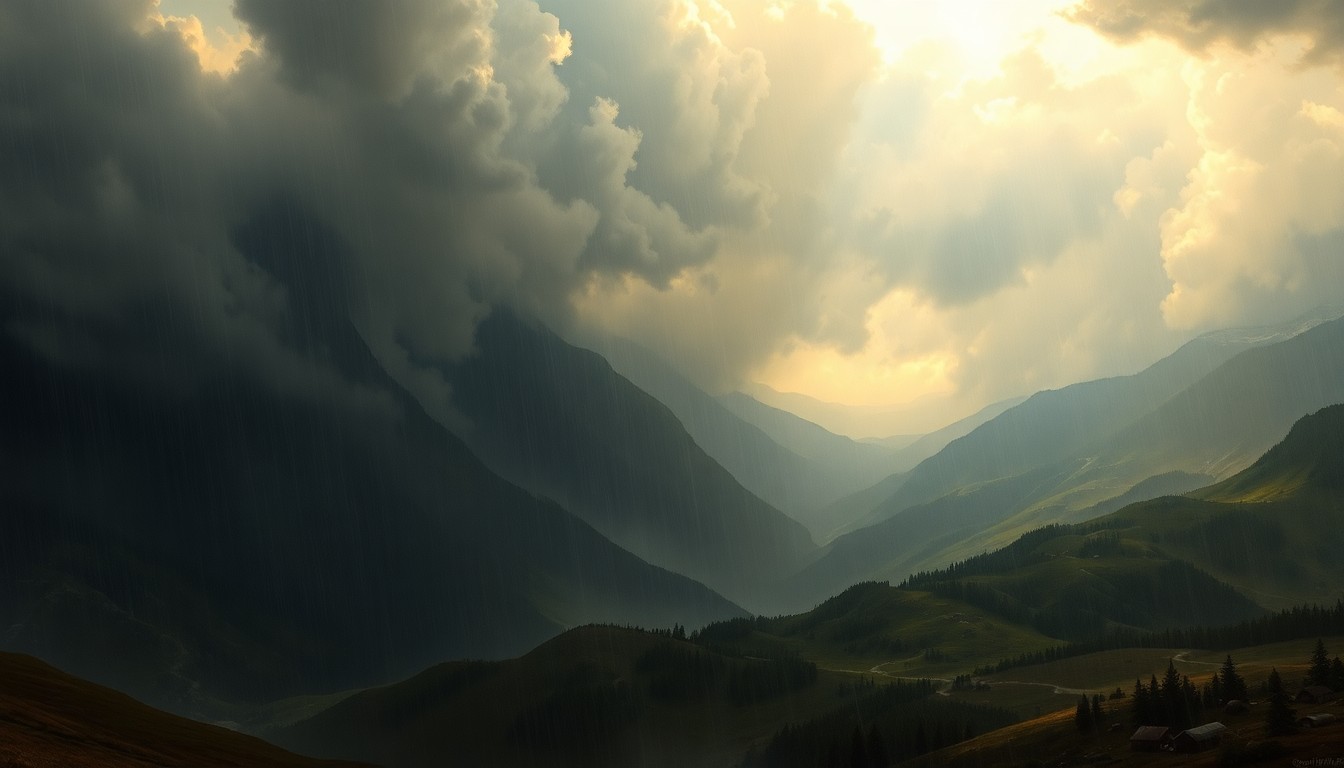 A vast, majestic landscape painting featuring dramatic, swirling clouds and heavy rain, with a small town or structure barely visible in the distance, conveying the overwhelming scale and power of the natural world.