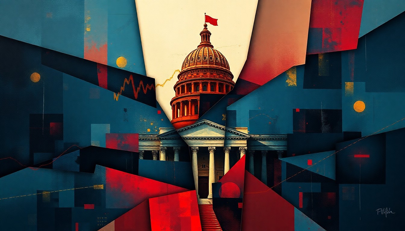 A fractured, abstract painting of a government building or political symbol in overlapping waves of dark blue, red, and gold tones, conveying a sense of political and economic turmoil.