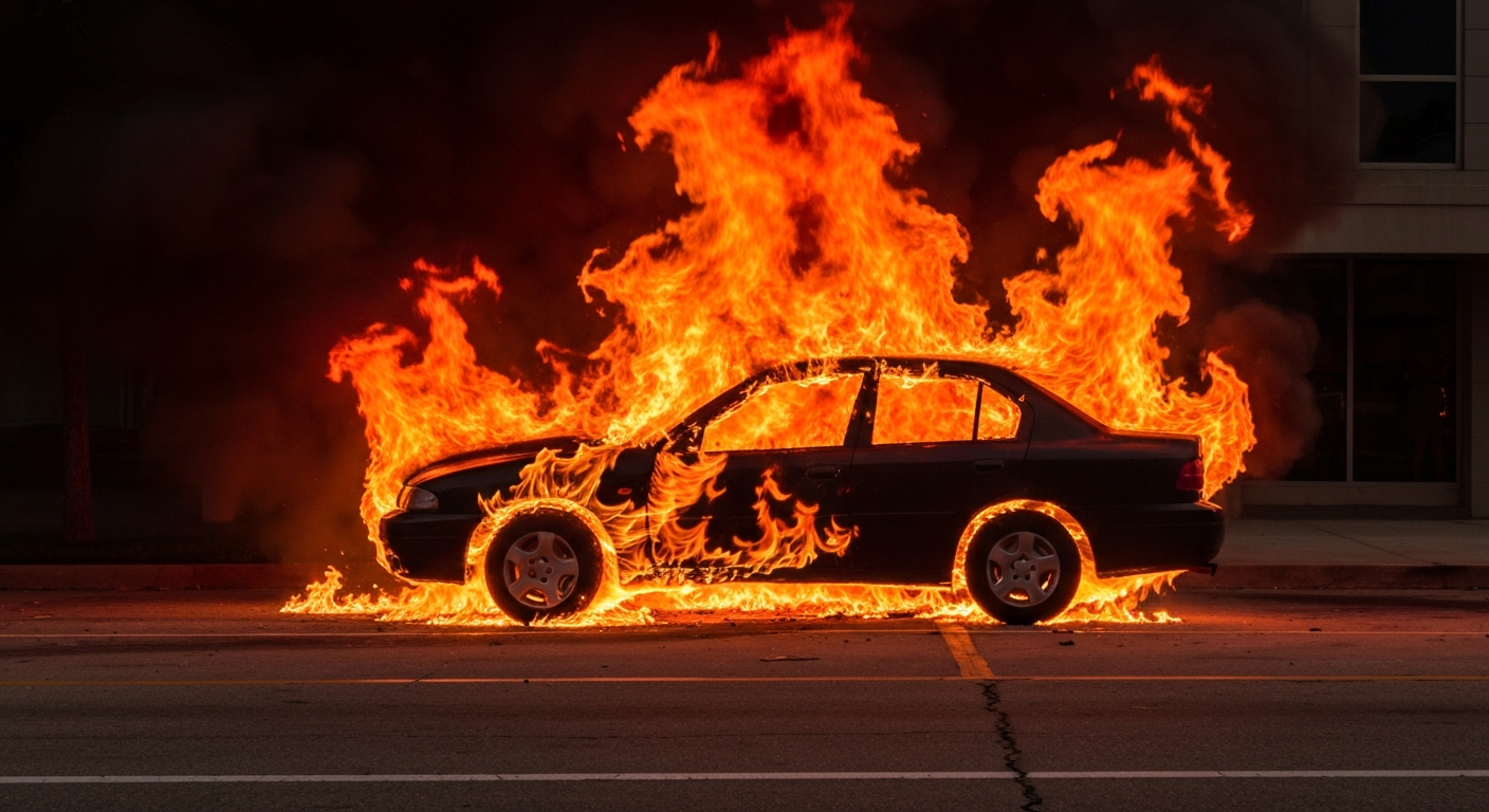 An abstract, impressionistic image of a burning car in downtown Tampa, with vibrant streaks of orange, red, and black flames conveying the urgency and chaos of the situation.