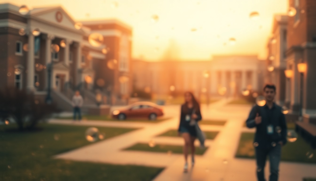 An abstract, impressionistic photograph featuring blurred, colorful shapes and silhouettes that suggest the bustling activity of a college campus, conveying a sense of warmth, energy, and community.