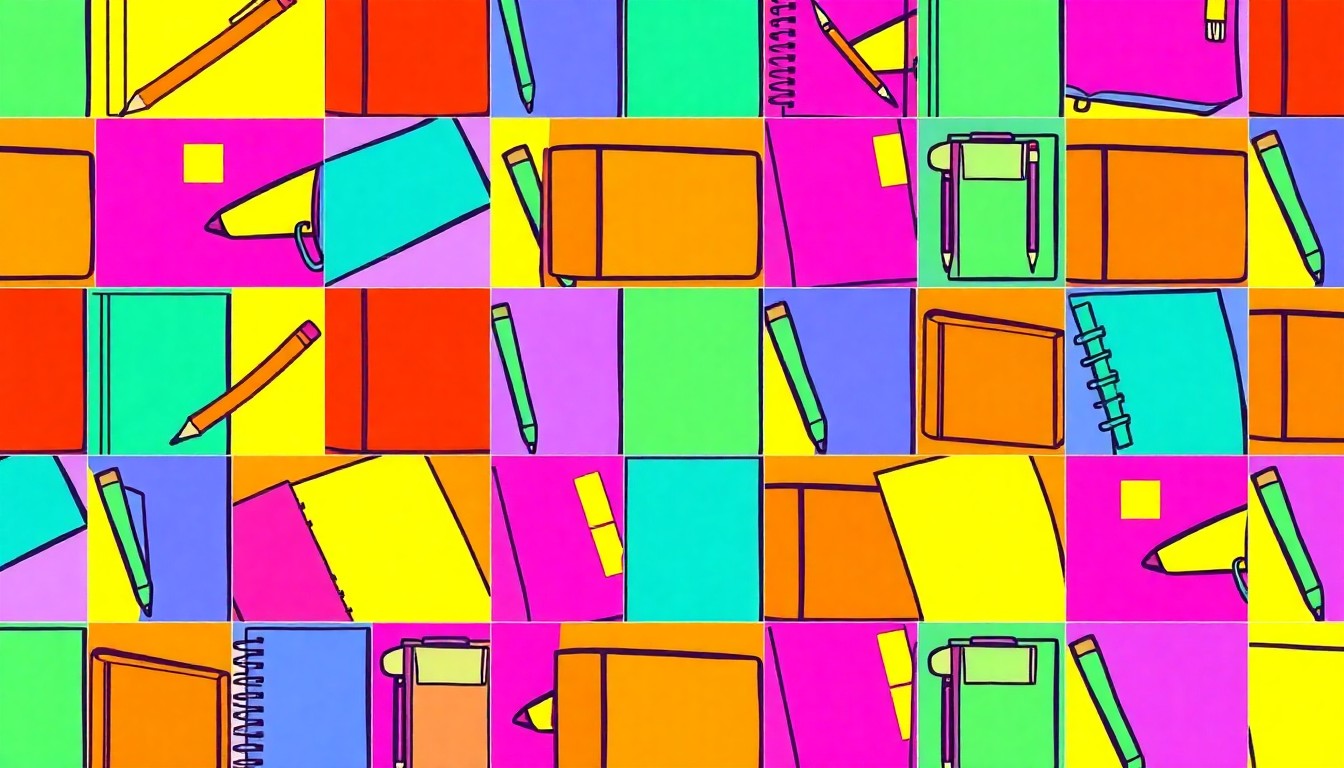 A brightly colored, high-contrast silkscreen print of a single, iconic school supply item repeated in a tight grid pattern, conceptually representing the community's engagement with the superintendent selection process.