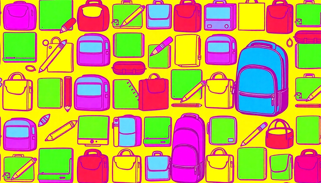 A vibrant, high-contrast silkscreen print of a school backpack repeated in a grid pattern, rendered in bold neon colors and heavy black outlines to capture the essential educational elements of the Bridgman school district's funding needs.